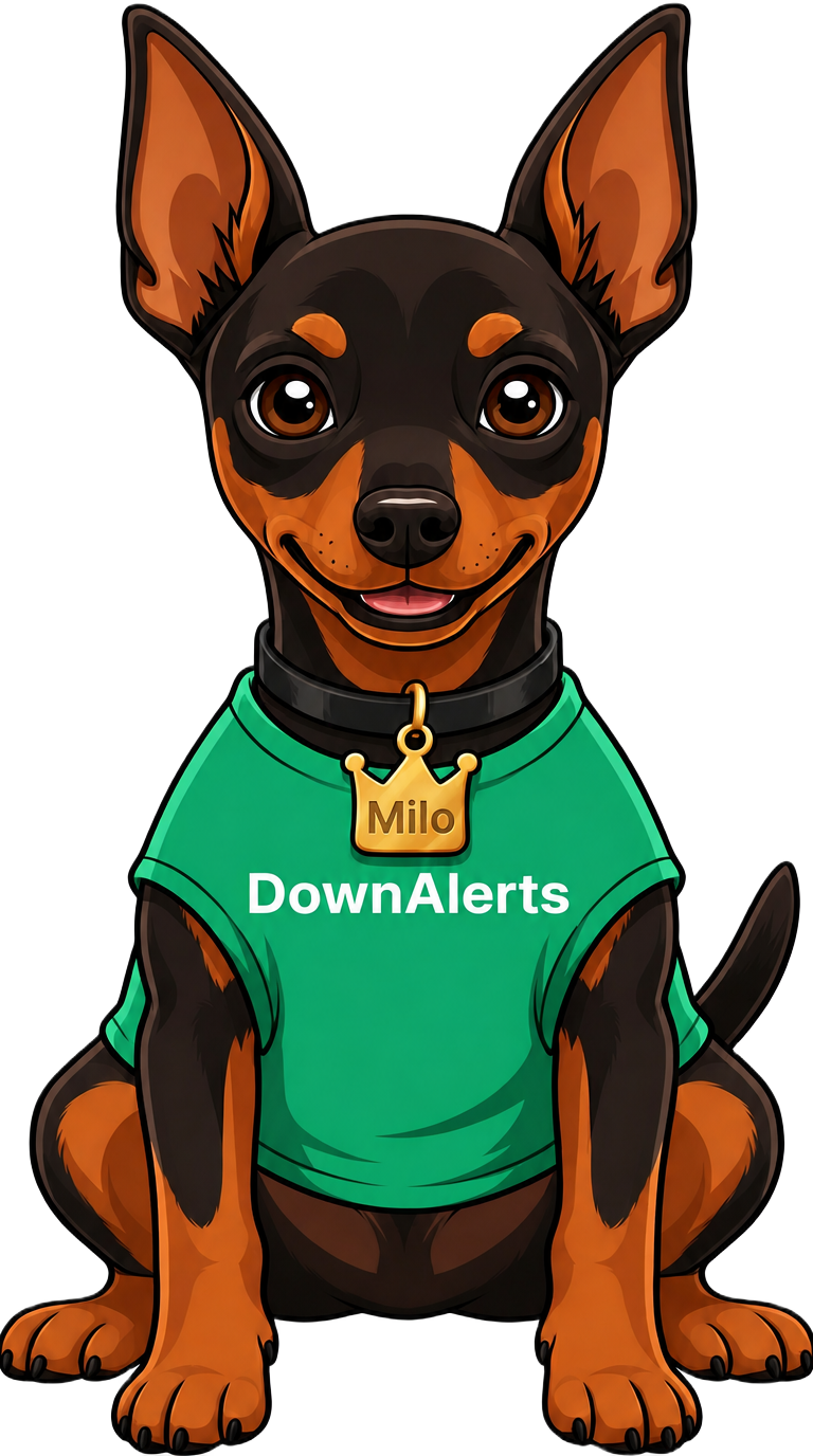 DownAlerts mascot — a Miniature Pinscher watchdog wearing a green DownAlerts shirt